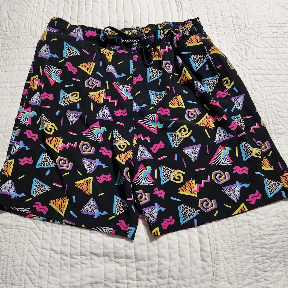 Surf Society Mens XL Swim Trunks 90s Retro Geometric Animal Print Black Shorts